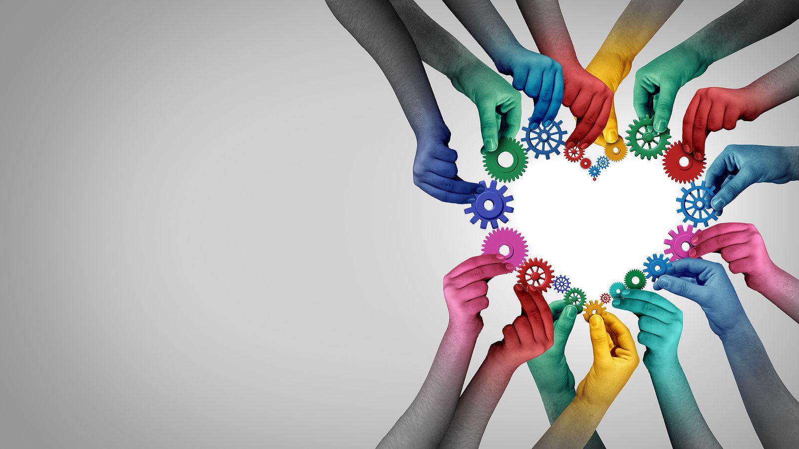 Colorful hands holding gears forming a heart shape