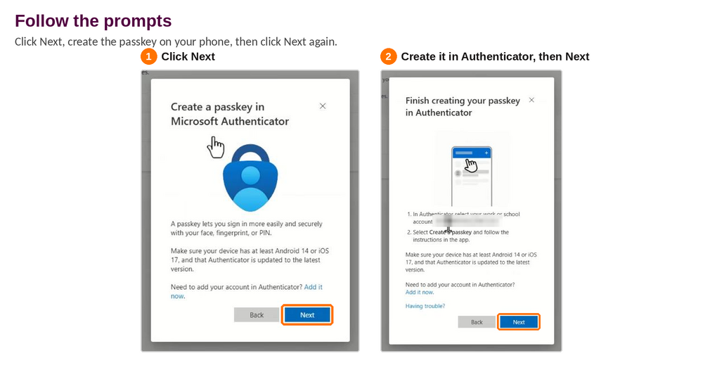 Two browser dialogs: Create a passkey in Microsoft Authenticator with Next highlighted, then Finish creating your passkey in Authenticator with Next highlighted