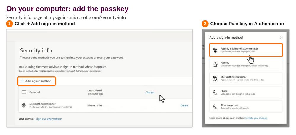 The Security info page with + Add sign-in method highlighted, and the Add a sign-in method list with Passkey in Microsoft Authenticator selected