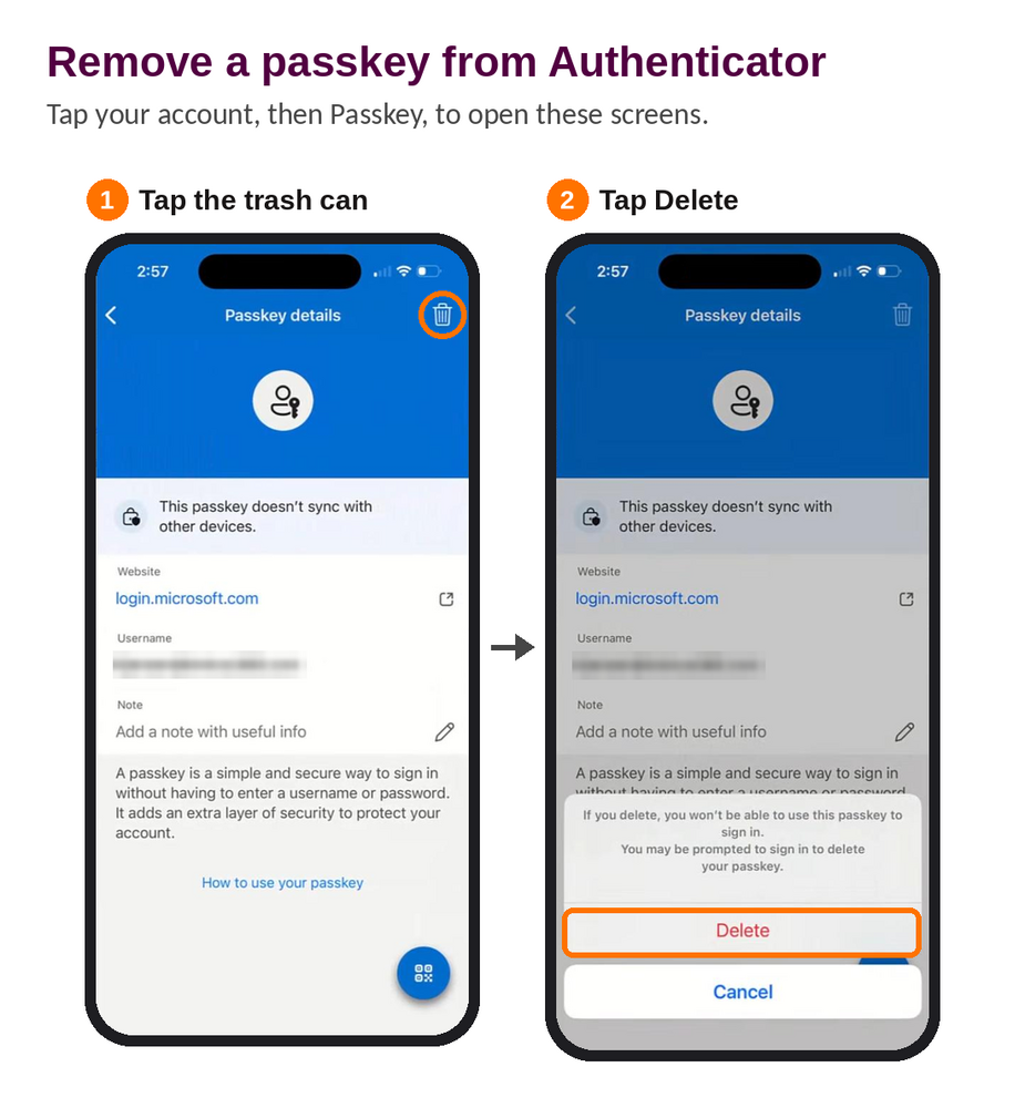 Two Authenticator screens: Passkey details with the trash can highlighted, then the Delete confirmation