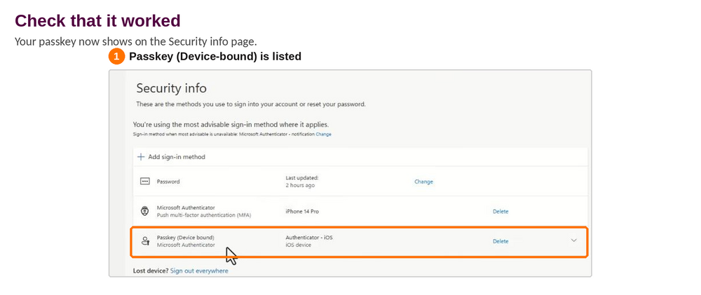 The Security info page listing Passkey (Device bound), Microsoft Authenticator, Authenticator - iOS