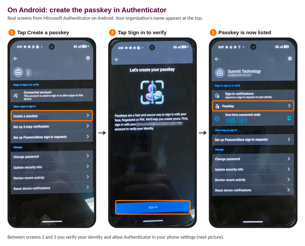 Three Android screens in Microsoft Authenticator showing Create a passkey, the Let's create your passkey screen, and the passkey listed on the work account
